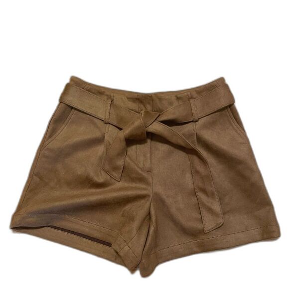 LOFT Faux Suede Belted Shorts Neutral 4P Petite High-Rise Trendy‎ for Fall EUC - Picture 1 of 7